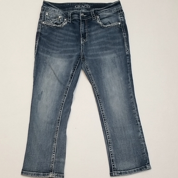 Grace In LA Embellished Denim Capri - Picture 1 of 6